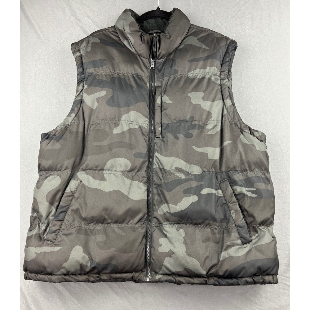 Faded Glory Puffer Vest Mens XL Camo Fleece Lined Full Zip Gray Ripstop Good
